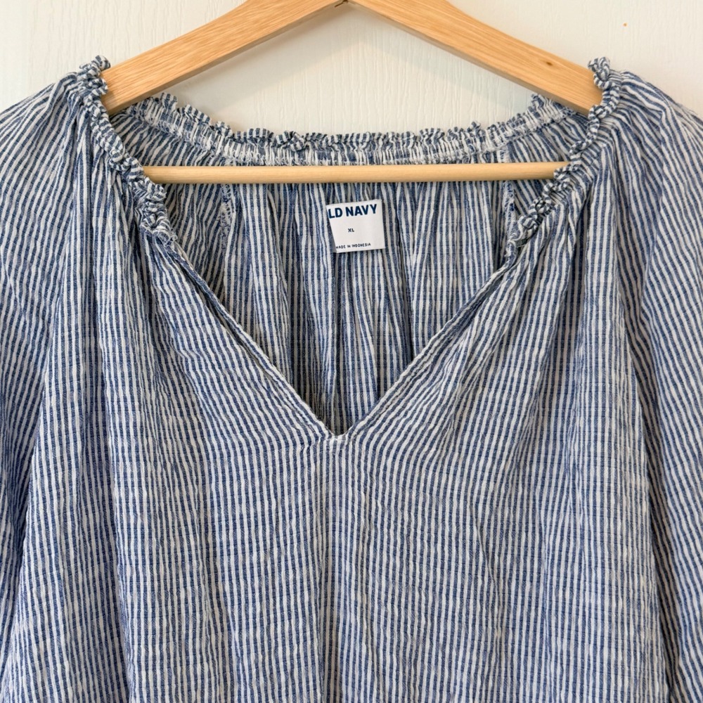 Old Navy Blue White Striped Ruffle V-Neck Balloon Sleeve Peasant Blouse XL Boho - Picture 3 of 6